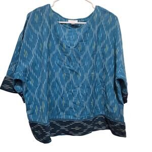 Pure Jill M Ikat Print Tunic Top Blue Boxy Cotton Boho